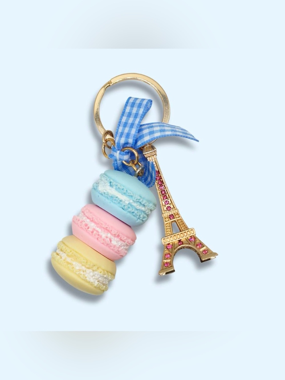 Blue Ribbon Macaron & Eiffel Tower Keychain